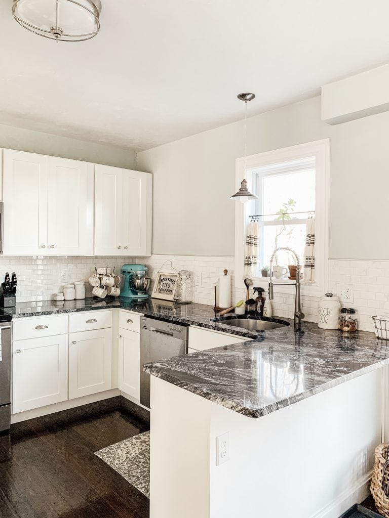 Modern Kitchen with White Granite Counter Top and Cutting Board · Creative  Fabrica