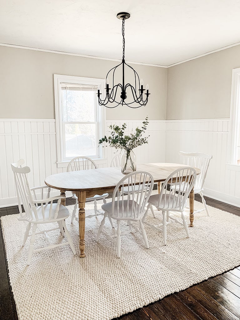 Wood Farmhouse table with white chalk painted chairs