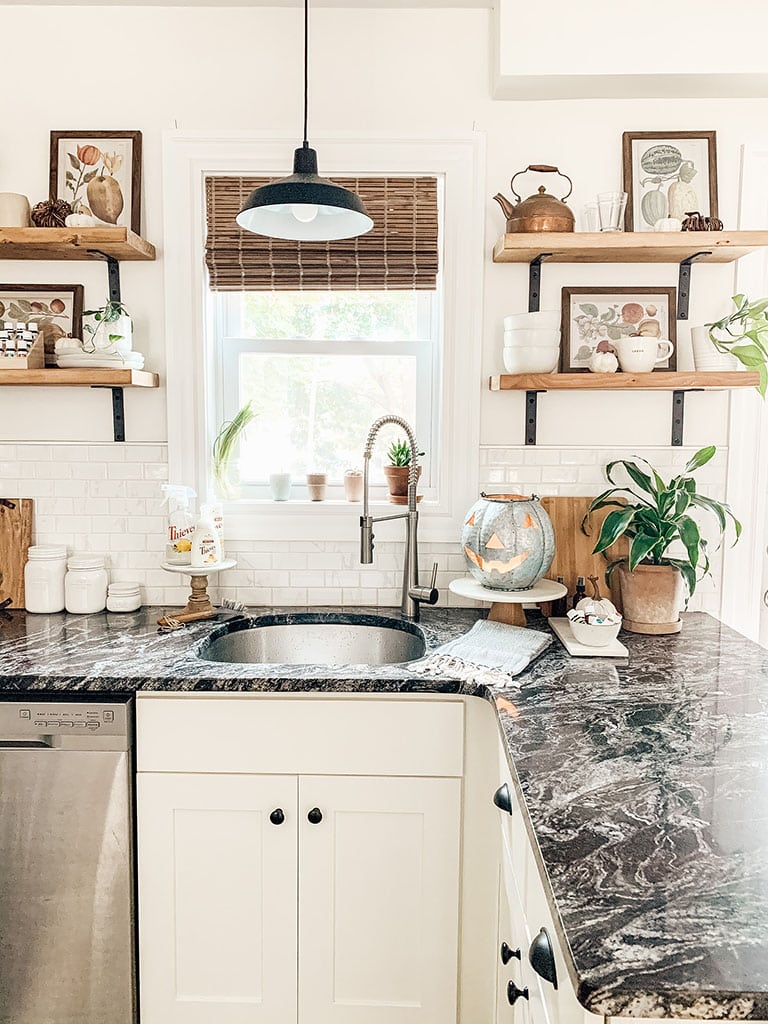 Open shelving decorated for fall