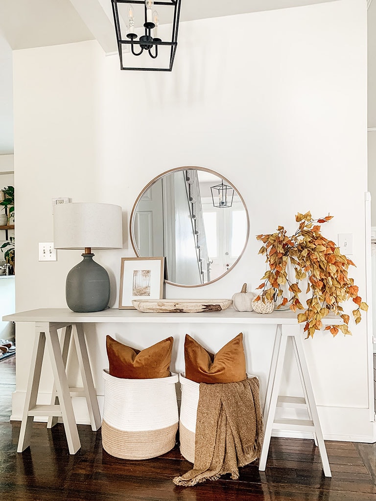 Console table decorated for Fall