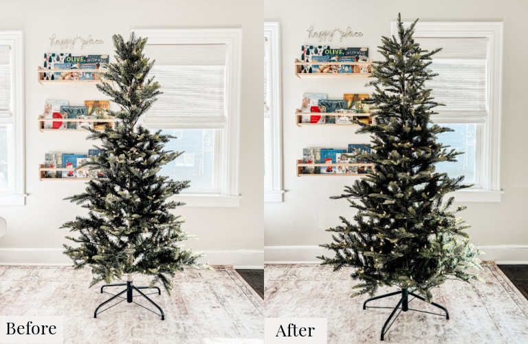Christmas tree before and after fluffing branches