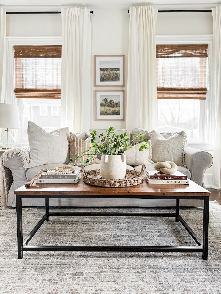 Living room coffee table styled with coffee table books