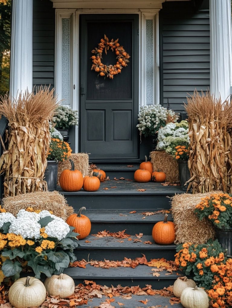  Fall Porch Using Cornstalks and Hay Bales