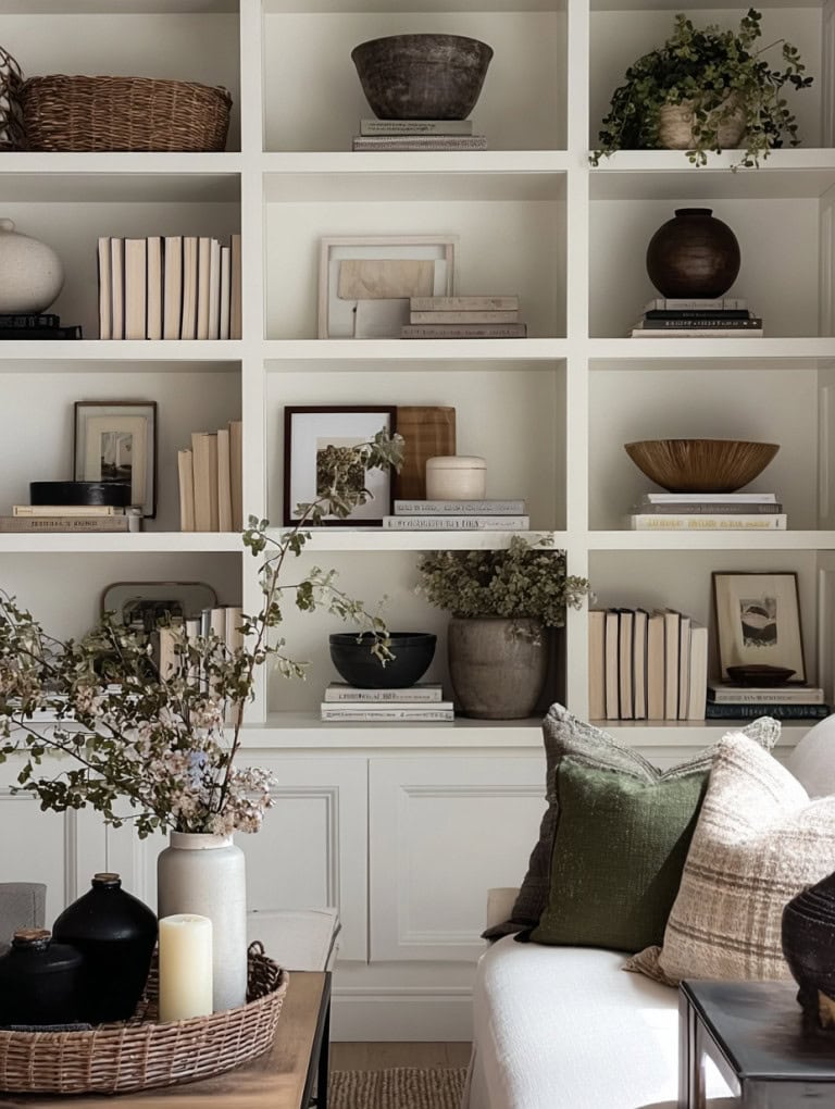 Winter Living Room Open Shelving